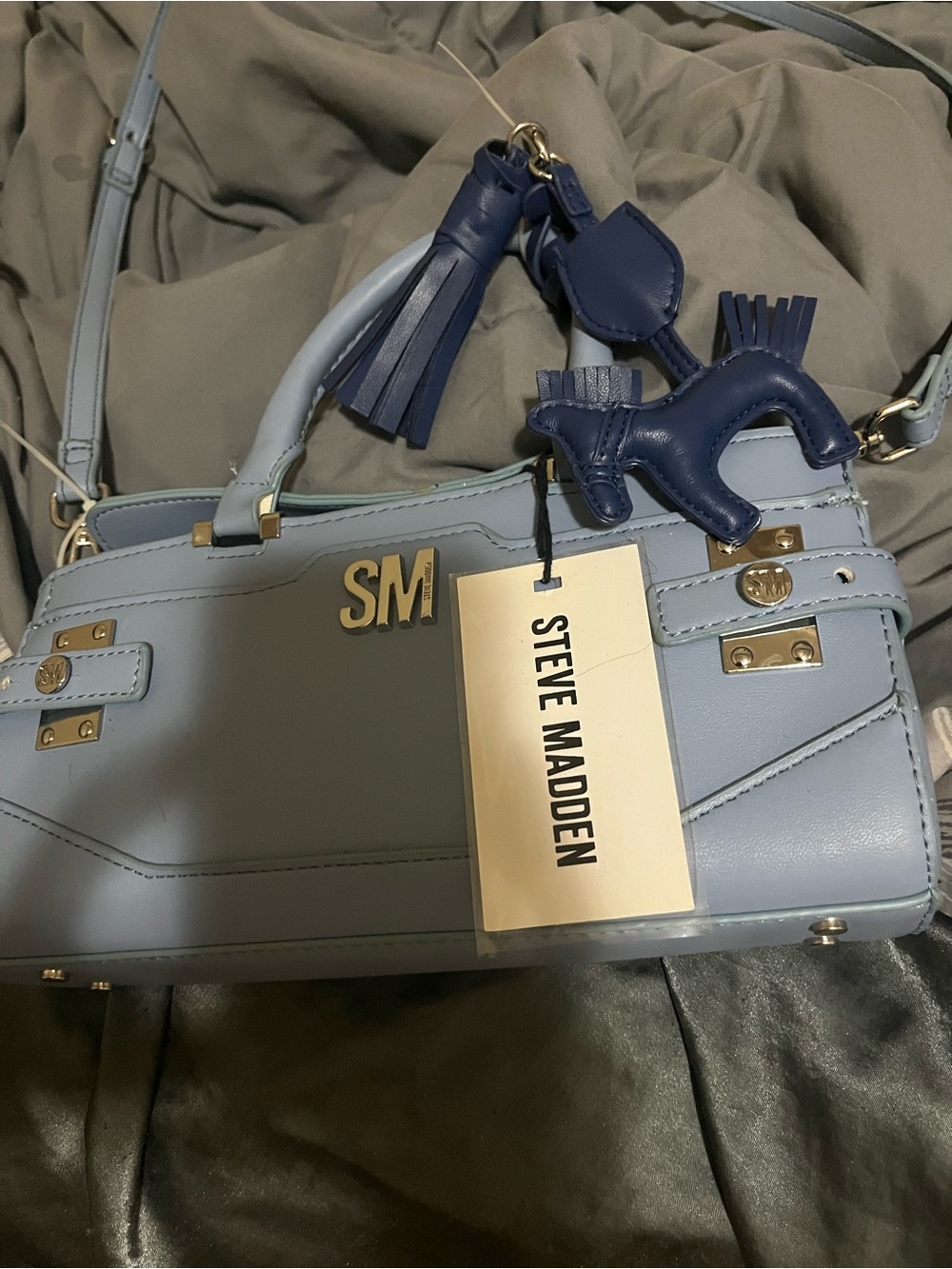Steve Madden Sky Blue Leather Satchel with Navy Tassel & Horse Charm